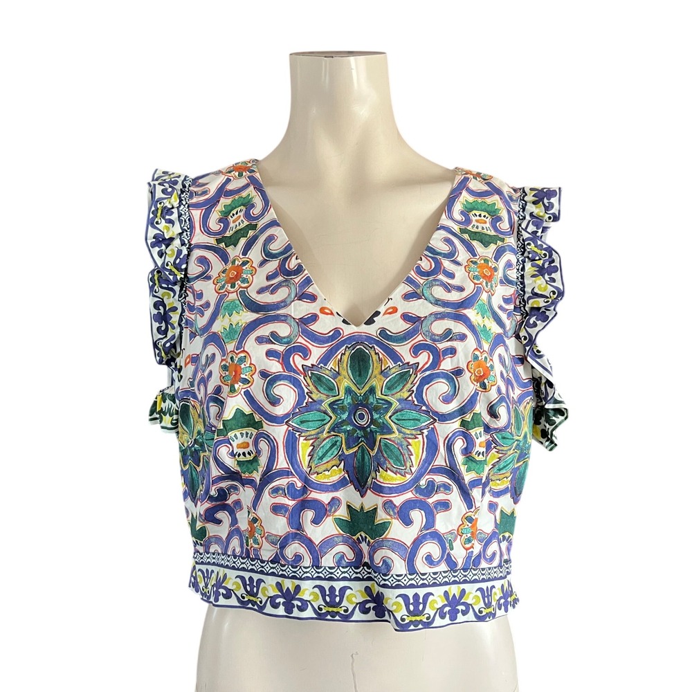 Antonio Melani Tile Print Ruffle Crop Top V-Neck Blue Green Orange Size 12